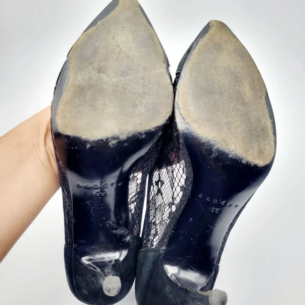 Sandro Black Lace Pointed Toe Heels Whimsigoth Witchy Suede Women's Size 38 US 8